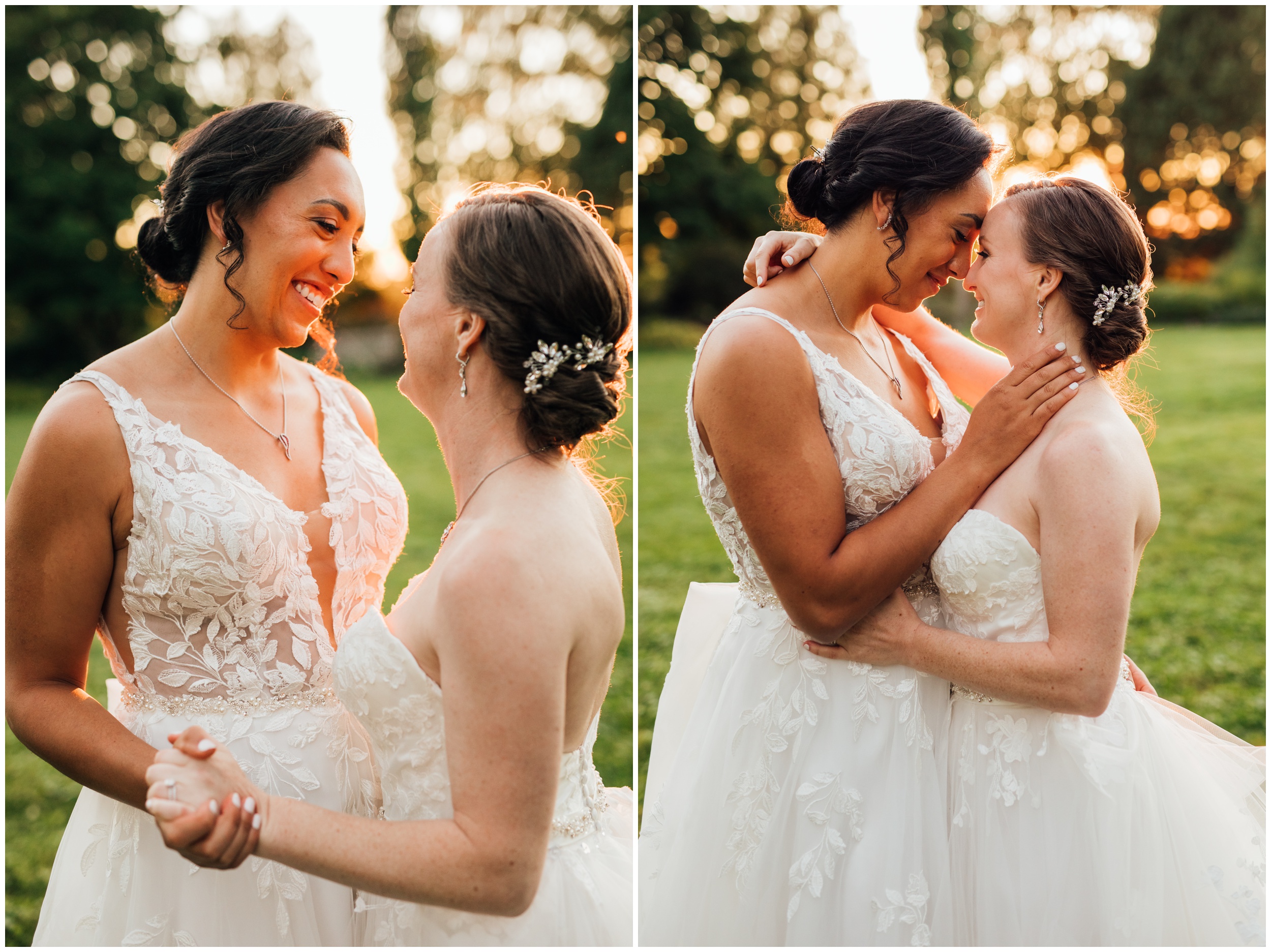 Same sex wedding sunset portraits at New England Botanic Garden at Tower Hill